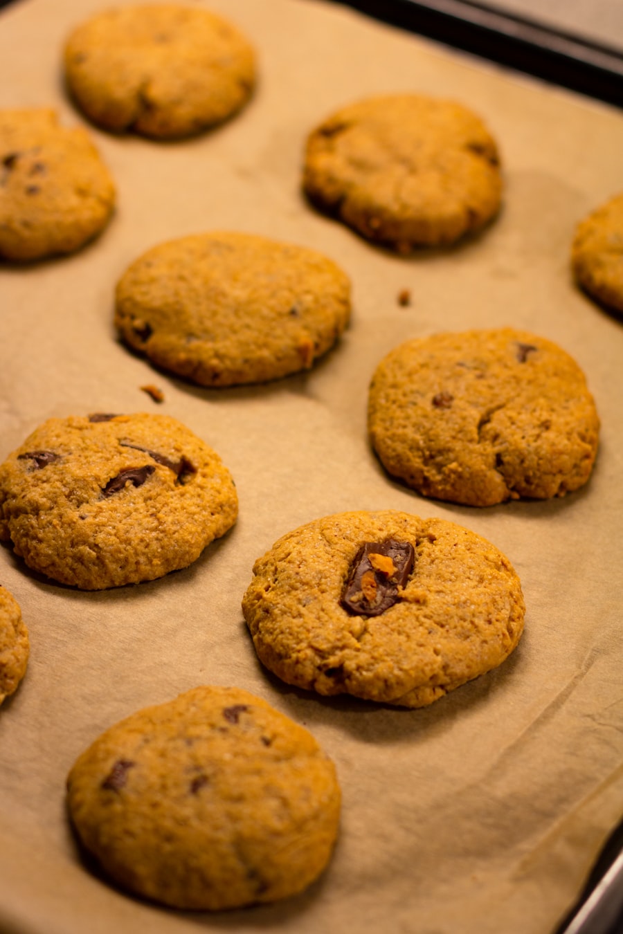 Freshly baked chocolate chip cookies on a baking tray